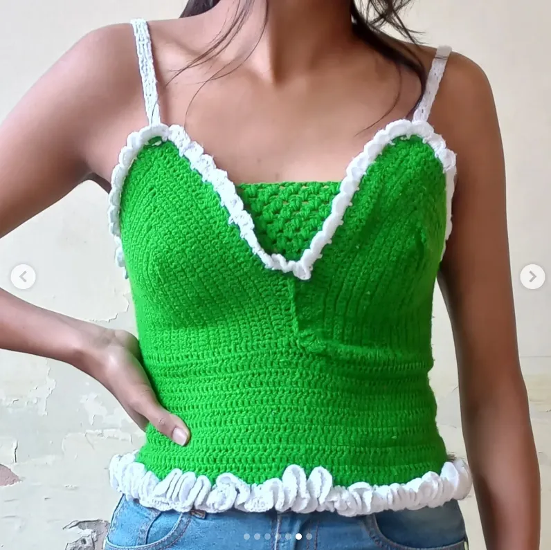 crochet handmade green croptop with white frill