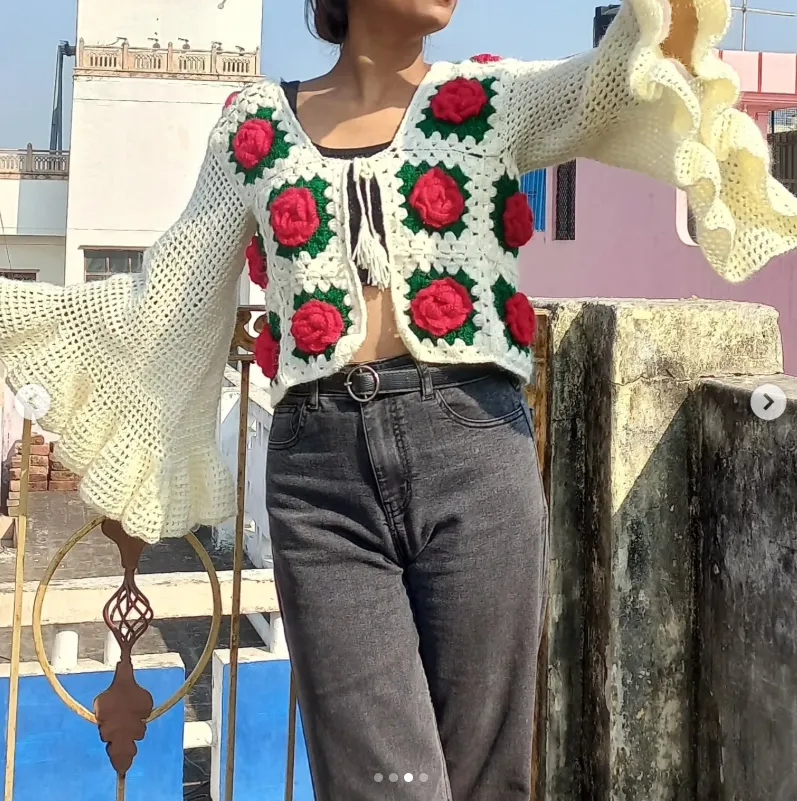 CROCHET HANDMADE FLORAL CARDIGAN BY ROSE FLOWER WITH BELL SLEEVES